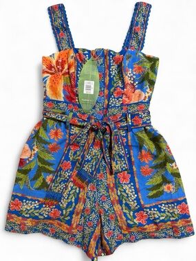 Farm Rio Stitched Garden Floral Belted Linen Blend Romper NWT size XS